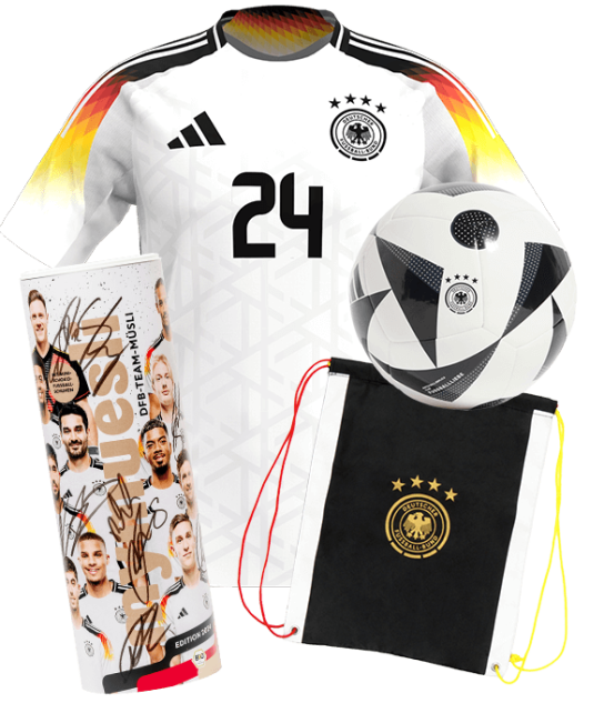 mymuesli - 100 x DFB-Fan-Paket mit dem offizielle Heim-Trikot der Männer-Nationalmannschaft, adidas-DFB-Fußball und DFB-Gym Bag, 5 x signiertes DFB-Team-Müsli (PRODUKTKAUF)