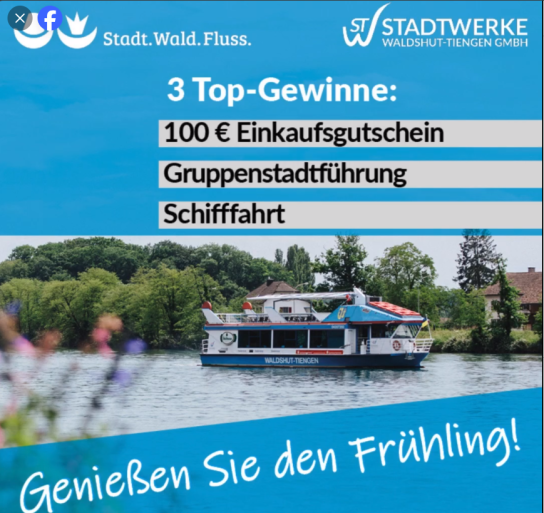 Stadtverwaltung Waldshut-Tiengen - 100€ Einkaufsgutschein, Gruppenstadtführung und Nachmittagsrundfahrt auf dem Rheinschiff für 2 Personen (Facebook)