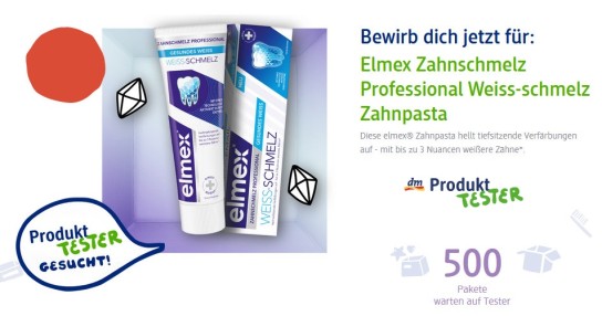 dm Drogerie: 500 Produkttester für Elmex Zahnschmelz Professional Weiss-schmelz Zahnpasta gesucht