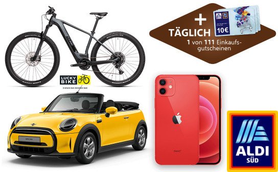 ALDI SÜD & Ferrero: MINI One Cabrio, 40 x iPhones 12, 10 x 3.000 € Fahrradgutscheine & täglich ALDI Gutscheine ALDI SÜD & Ferrero: MINI One Cabrio, 40 x iPhones 12, 10 x 3.000 € Fahrradgutscheine & täglich ALDI Gutscheine