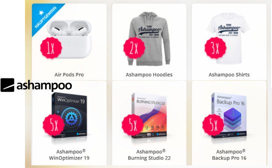 Ashampoo: Air Pods Pro, 2 x Hoodies, 3 x Shirts & 15 x Ashampoo Software zu gewinnen! Ashampoo: Air Pods Pro, 2 x Hoodies, 3 x Shirts & 15 x Ashampoo Software zu gewinnen!