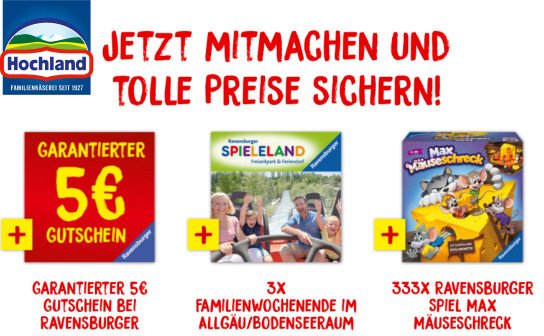 Hochland: 3 x ein Familienwochenende im Allgäu, 333 x Ravensburger Spiele Hochland: 3 x ein Familienwochenende im Allgäu, 333 x Ravensburger Spiele