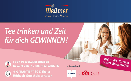 Messmer: 10 Wellnessreisen-Gutscheine von DERTOUR in Höhe von je 2.000 € Messmer: 10 Wellnessreisen-Gutscheine von DERTOUR in Höhe von je 2.000 €
