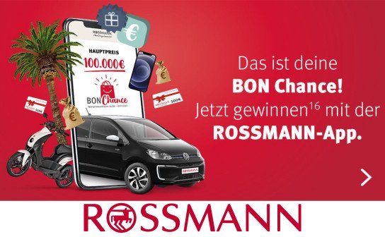 Rossmann App-Gewinnspiel: 6 x 10.000 € Bargeld, ein VW ID.4 Pro Performance! u.v.m. Rossmann App-Gewinnspiel: 6 x 10.000 € Bargeld, ein VW ID.4 Pro Performance! u.v.m.