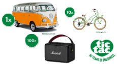 tic tac: ein VW Bulli, 100 x Bluetooth-Speaker, 1.000 x 100 € adidas Gutscheine u.v.m. tic tac: ein VW Bulli, 100 x Bluetooth-Speaker, 1.000 x 100 € adidas Gutscheine u.v.m.