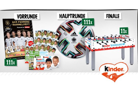 kinder Schokolade: 111 x Produktpakete, 111 x adidas Fußbälle und 11 x ein Tischkicker kinder Schokolade: 111 x Produktpakete, 111 x adidas Fußbälle und 11 x ein Tischkicker
