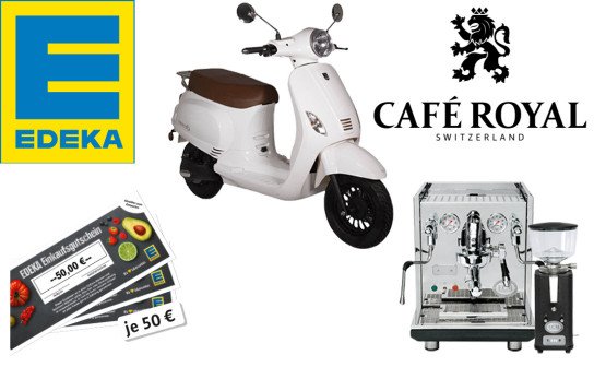CAFÉ ROYAL: ein minimoto. E-Roller für fast 2.600 €, 200 x 50 € EDEKA Gutscheine CAFÉ ROYAL: ein minimoto. E-Roller für fast 2.600 €, 200 x 50 € EDEKA Gutscheine