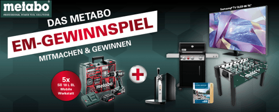Metabo: 1 OLED-TV, 1 Gasgrill, 1 Tischkicker und weitere Preise zu gewinnen Metabo: 1 OLED-TV, 1 Gasgrill, 1 Tischkicker und weitere Preise zu gewinnen