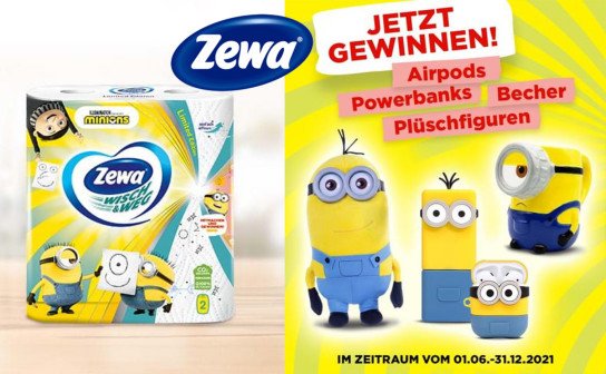 Zewa: 20 x ein Airpod, 80 x eine Powerbank und weitere Preise im Minions-Design Zewa: 20 x ein Airpod, 80 x eine Powerbank und weitere Preise im Minions-Design