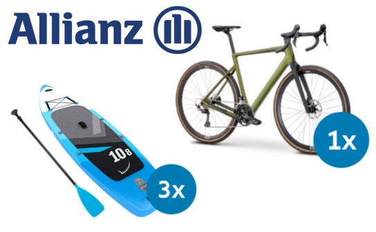 Allianz: ein ROSE Bikes Fahrrad-Gutschein im Wert von 3.000 €, 3 x Stand Up Paddling Boards Allianz: ein ROSE Bikes Fahrrad-Gutschein im Wert von 3.000 €, 3 x Stand Up Paddling Boards