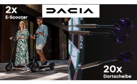 DACIA: 2 x ein E-Scooter für je 460 € & 20 Dartscheiben werden verlost! DACIA: 2 x ein E-Scooter für je 460 € & 20 Dartscheiben werden verlost!