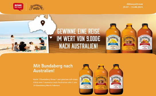 REWE & Bundaberg: Verlost wird eine Reise nach Down under im Wert von 9.000 € REWE & Bundaberg: Verlost wird eine Reise nach Down under im Wert von 9.000 €