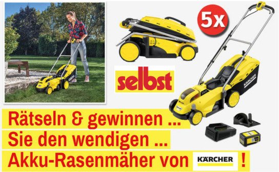 selbst.de: 5 x ein Akku-Rasenmäher von Kärcher im Wert von jeweils ca. 160 € selbst.de: 5 x ein Akku-Rasenmäher von Kärcher im Wert von jeweils ca. 160 €