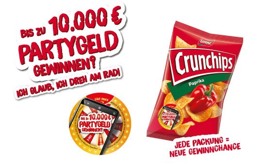 Crunchips: 10.000 € Partygeld, weitere Bargeldpreise im Gesamtwert von 40.000 € Crunchips: 10.000 € Partygeld, weitere Bargeldpreise im Gesamtwert von 40.000 €