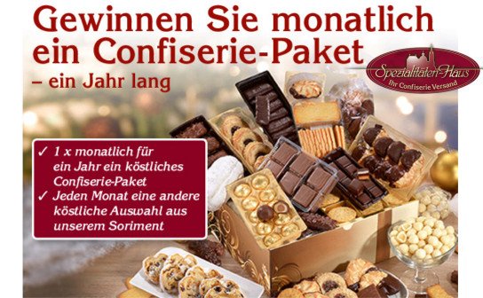 Spezialitäten-Haus: Jahres-Confiserie-Paket & 25 Gutscheine je 50 € zu gewinnen! Spezialitäten-Haus: Jahres-Confiserie-Paket & 25 Gutscheine je 50 € zu gewinnen!