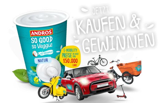 Andros: 3 x ein Mini Cooper SE, Lastenräder, Motorroller, E-Bikes, Kickroller Andros: 3 x ein Mini Cooper SE, Lastenräder, Motorroller, E-Bikes, Kickroller