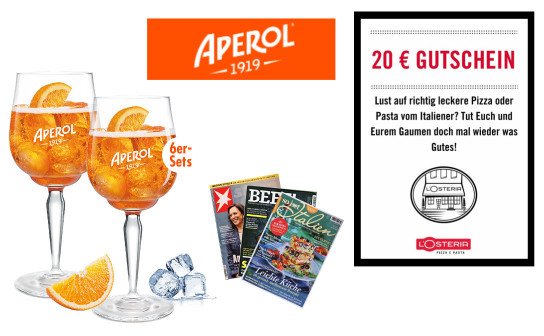APEROL: 100 Gläsersets, 100 L´OSTERIA-Gutscheine á 20 € & Online-Ausgaben bei Kiosk zu gewinnen! APEROL: 100 Gläsersets, 100 L´OSTERIA-Gutscheine á 20 € & Online-Ausgaben bei Kiosk zu gewinnen!