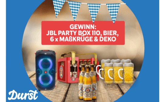 durst: JBL Partybox, Oktoberfestbier, Maßkrüge & 5 Getränkegutscheine á 50 € werden verlost! durst: JBL Partybox, Oktoberfestbier, Maßkrüge & 5 Getränkegutscheine á 50 € werden verlost!