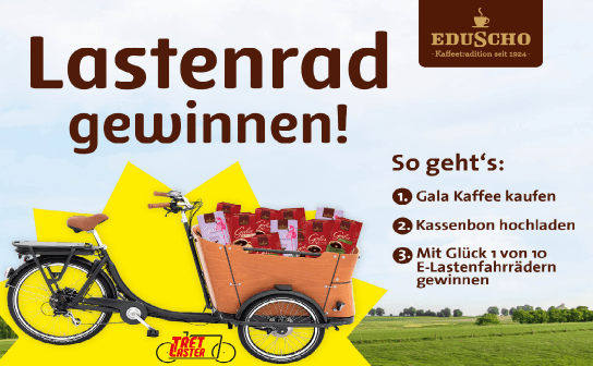 Eduscho: eines von 10 E-Lastenrädern im Wert von 3.000 € gewinnen Eduscho: eines von 10 E-Lastenrädern im Wert von 3.000 € gewinnen