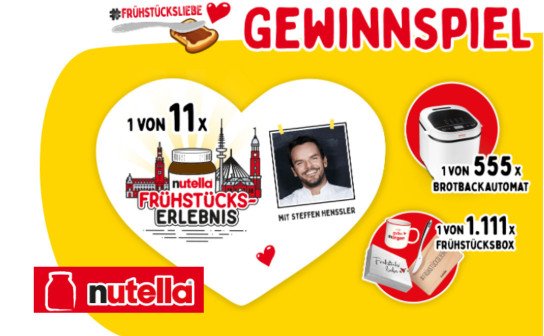 nutella: 11 Steffen Henssler Frühstückserlebnisse inkl. Städtetrip Hamburg, 555 Brotbackautomaten & 1.111 Frühstücksboxen nutella: 11 Steffen Henssler Frühstückserlebnisse inkl. Städtetrip Hamburg, 555 Brotbackautomaten & 1.111 Frühstücksboxen