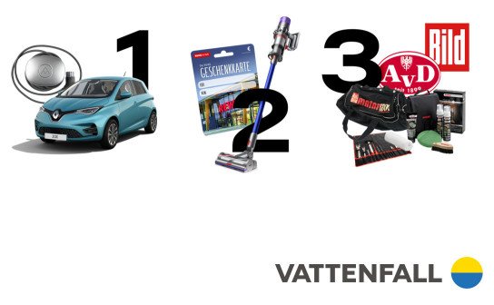 Vattenfall: ein Renault ZOE Life für über 32.000 Euro, 2 x 250 € REWE Gutscheine u.v.m. Vattenfall: ein Renault ZOE Life für über 32.000 Euro, 2 x 250 € REWE Gutscheine u.v.m.