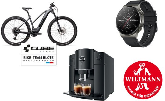 Wiltmann: 3 x ein 3.500 € E-Bike-Gutschein, Kaffeevollautomaten und weitere tolle Preise Wiltmann: 3 x ein 3.500 € E-Bike-Gutschein, Kaffeevollautomaten und weitere tolle Preise
