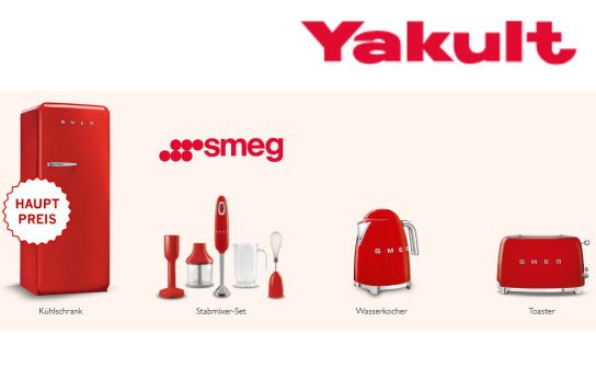 Yakult: 2 SMEG Retro Kühlschränke je 1.175 € & je 20 Toaster, Stabmixer-Sets und Wasserkocher Yakult: 2 SMEG Retro Kühlschränke je 1.175 € & je 20 Toaster, Stabmixer-Sets und Wasserkocher