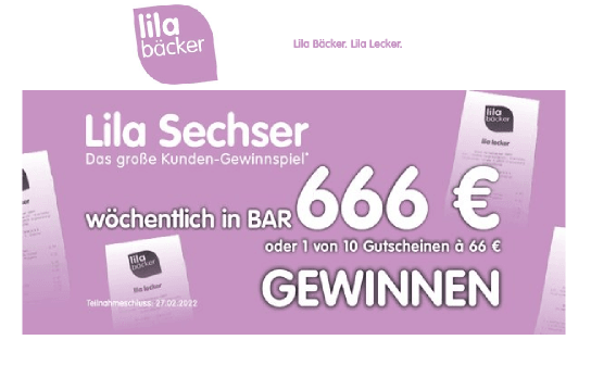 Lila Bäcker: wöchentlich 666 € Bargeld oder einen von 10 Gutscheinen gewinnen