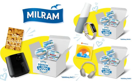 Milram: 3 x Philips Airfryer, Fit bit & Sony Kopfhörer und Protein-Wow-Gewinnboxen