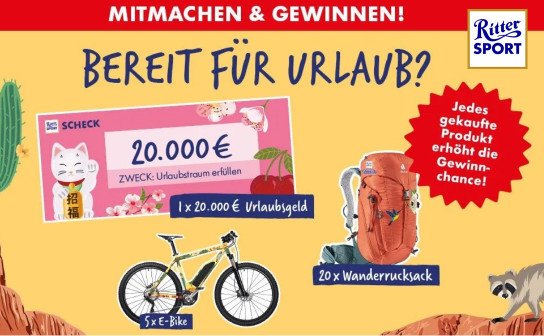 Ritter Sport: 20.000 € Reisegutschein, 5 E-Bikes & 20 Deuter Rucksäcke