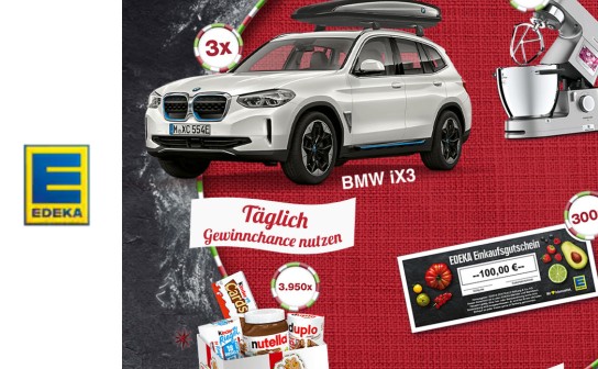 Edeka: 3 BMW iX3, 10 Reisegutscheine á 5.000 €, Tischkamin, 3.950 Ferrero Produktpakete u.v.m.