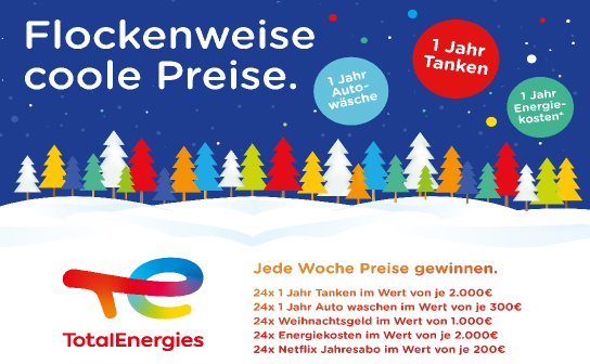 TotalEnergies: gewinne ein Jahr freies Tanken oder Auto waschen, Weihnachtsgeld oder einen der weiteren Preise