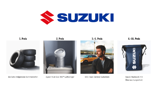 Suzuki: ein Satz Sommerreifen, ein Luftreiniger, 3 x ein Service-Gutschein und 5 weitere Preise