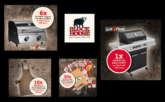 BLOCK HOUSE: jeden Monat ein Gasgrill, 3 Lederschürzen und 5 Grillboxen plus Grillbesteck zu gewinnen
