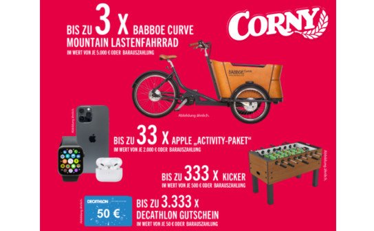 Corny: 3 Babboe E-Lastenfahrräder für je 5.000 €, 33 Apple Pakete & 3.666 weitere Preise