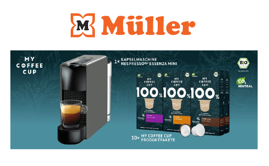 Müller: verlost wird eine Kapselmaschine von Nespresso® und 10 My Coffee Cup Produktpakete