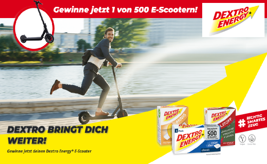Dextro Energy: verlost wird 500 x ein E-Scooter im Gesamtwert von ca. 200.000 €