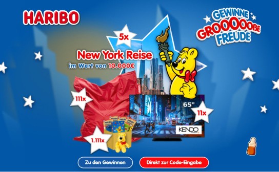 Haribo: 5 New York Reisen für je 10.000 €, 11 Smart  TVs von KENDO & 1.222 weitere tolle Gewinne