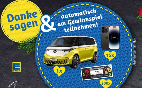 Edeka: 1.111 Danke Pakete, ein VW ID. Buzz, 3 E-Bikes, Apple iPhones & viele mehr