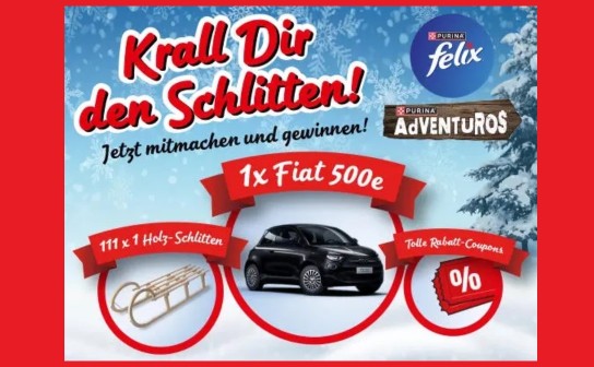 Purina: ein Fiat 500E im Wert von über 33.000 € und 111 x ein Holzschlitten