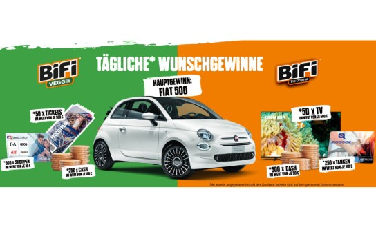 BiFi: ein Fiat 500, 50 Philips LED TV´s, 250 Tankgutscheine, 500 Shoppinggutscheine u.v.m. zu gewinnen