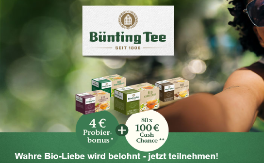 Bünting Tee: jede Woche werden 10 x 100 € verlost