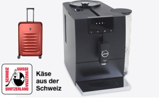 Schweizer Käse: 10 Jura Kaffeevollautomaten, 20 Trolleys, 30 Erlebnis-Gutscheine u.v.m.
