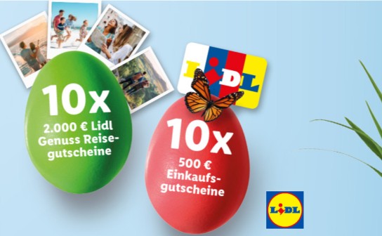 Lidl: 10 Reisegutscheine á 2.000 € und 10 Einkaufsgutscheine je 500 € zu gewinnen