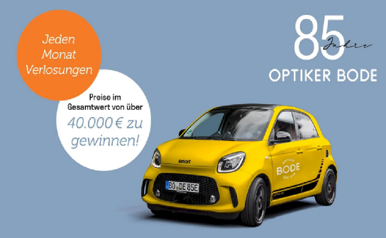 Optiker Bode: ein E-Smart im Wert von ca. 20.000 €, ein E-Bike im Wert von ca. 5.000 € und eine Reise nach Rom im Wert von ca. 1.500 €
