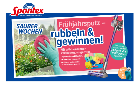 Spontex: verlost wird 24 x einen DYSON V8 und 1.000 Spontex Sauber-Sets