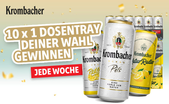 Krombacher: wöchentlich werden 10 Dosentrays nach Wahl verlost