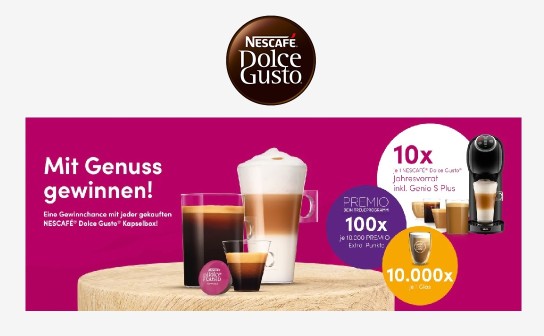Nestlé: einen von 10 NESCAFÉ® Dolce Gusto® Jahresvorräten inkl. einer Genio S Plus in Schwarz
