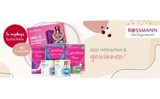 Rossmann: gewinne einen 500 € mydays Gutschein oder eines von 50 o.b. & Carefree Produktpaketen
