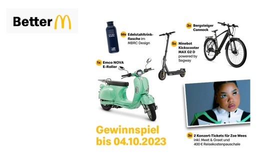 McDonald’s: verlost wird ein E-Roller, 3 E-Bikes, 5 E-Scooter und weitere Preise